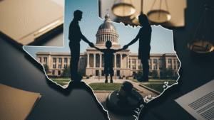  The image features the silhouette of the state of Texas, with a courthouse and a family—two parents and a child—overlaid on top. A legal gavel and the scales of justice are also visible, emphasizing the legal nature of the subject.